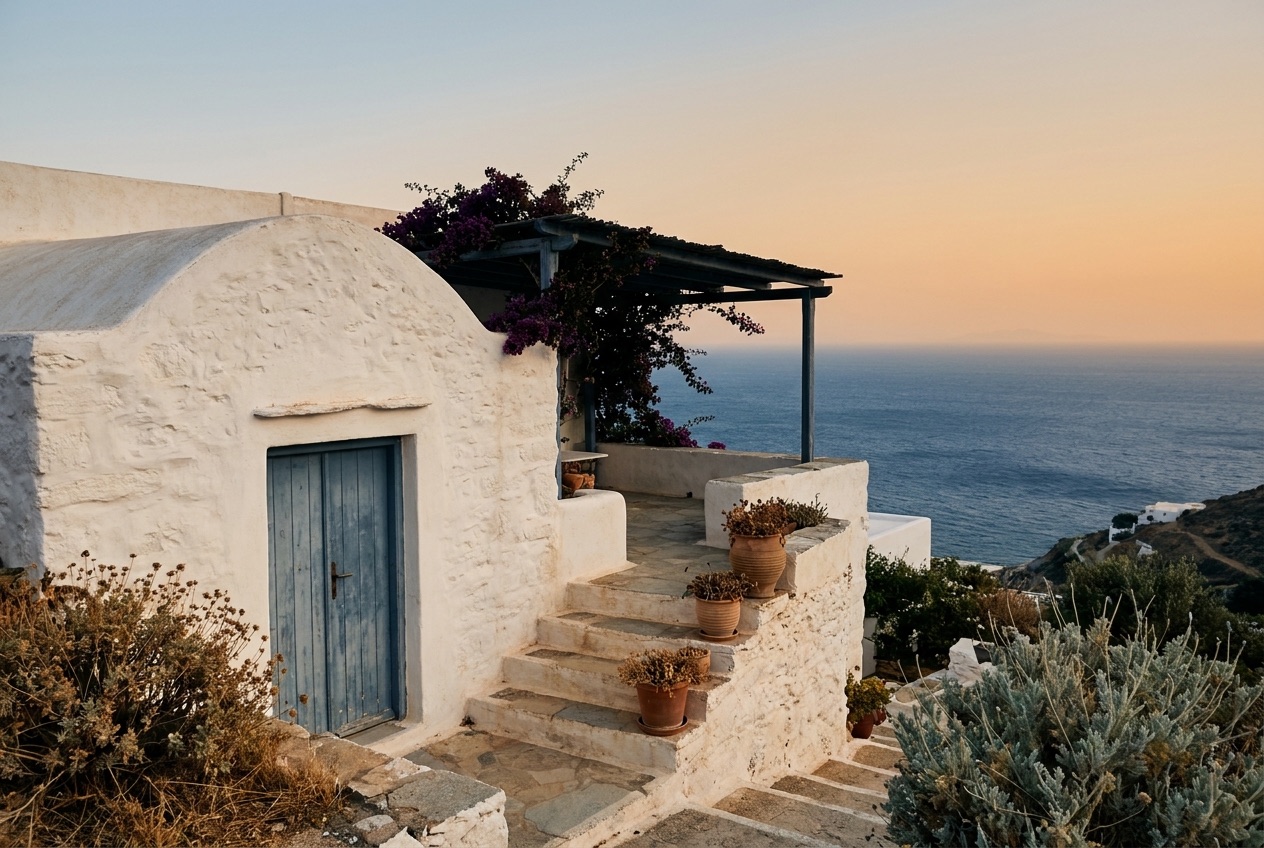 A small Aegean harbour at dusk with fishing boats, whitewashed houses and a terraced hillside behind