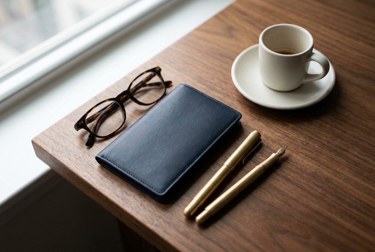 A notary's desk with a bound Greek property deed, a fountain pen and a stamped land-registry extract under a window