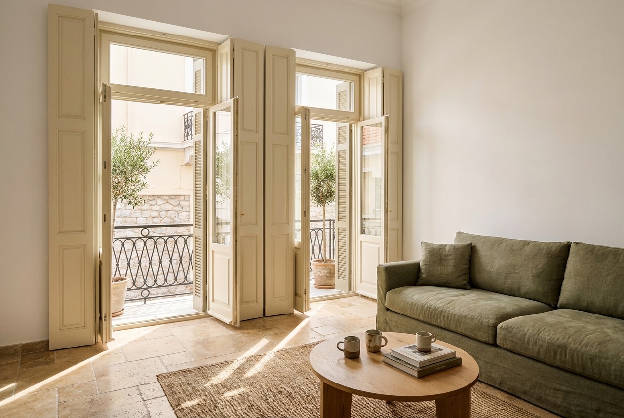 A stone-floored balcony of a 1930s Athens apartment, olive trees below and the Acropolis on the skyline