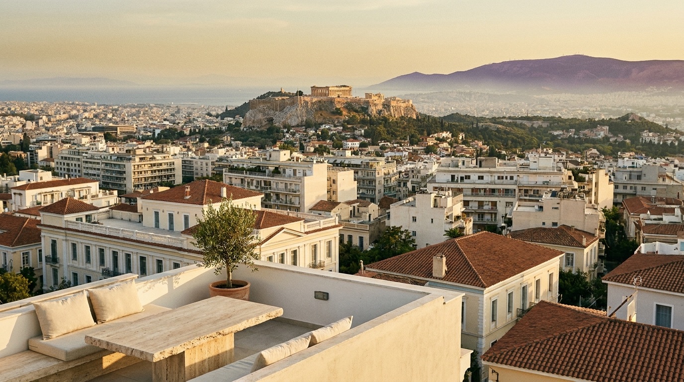Whitewashed apartment buildings stacked up an Athens hillside below the Acropolis in late-afternoon light