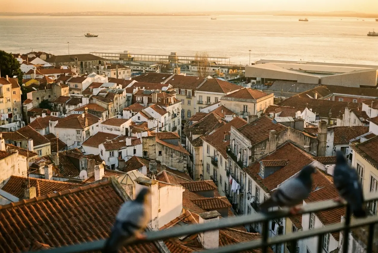 Terracotta rooftops of Lisbon's Alfama district at golden hour, with the Tagus river behind — the city most Portugal Golden Visa applicants first visit
