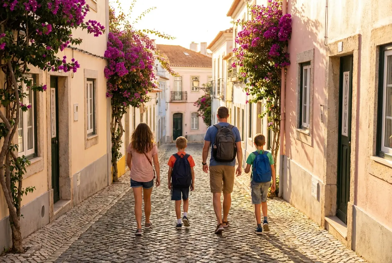 A family of four walking up a cobblestone street in Cascais, Portugal — one qualifying investment covers the whole family