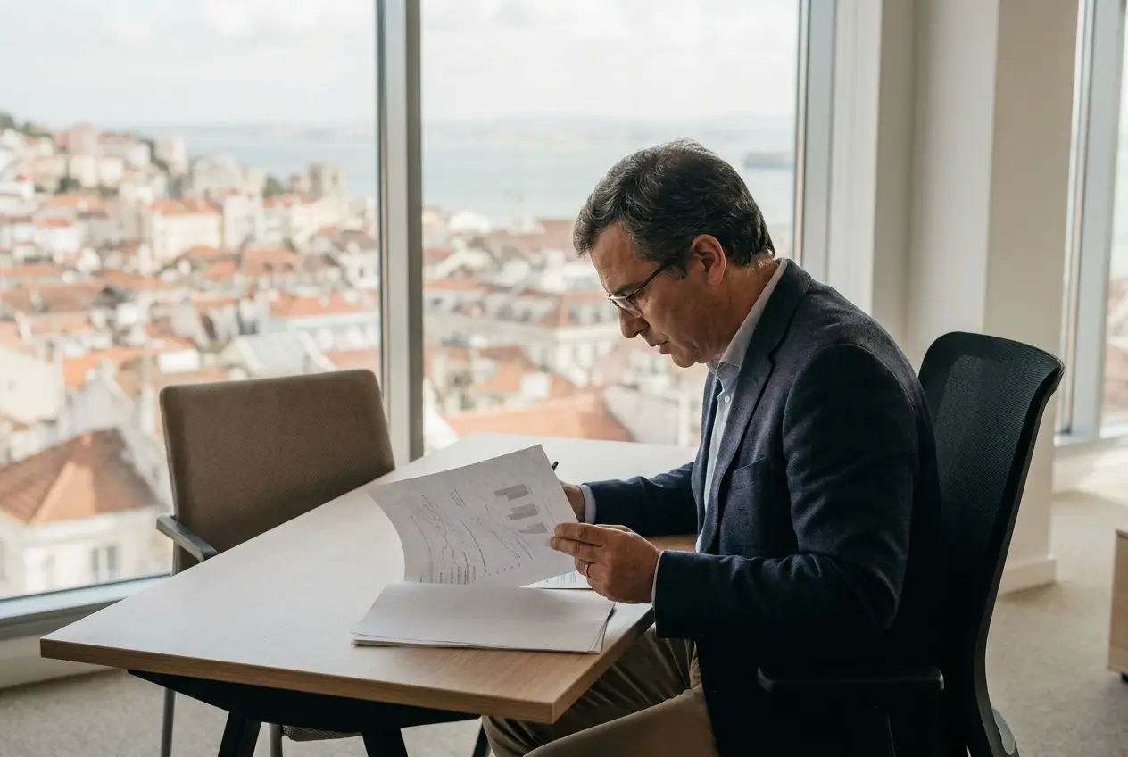 Investor reviewing printed fund subscription documents at a desk in a Lisbon office — fund selection is the most consequential decision in a Portugal Golden Visa application