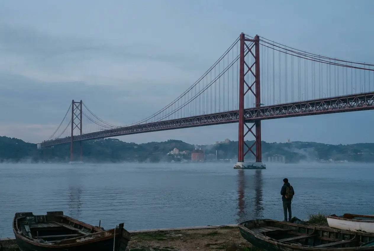 The Ponte 25 de Abril bridge over the Tagus at dawn — the long horizon of Portugal's ten-year citizenship clock