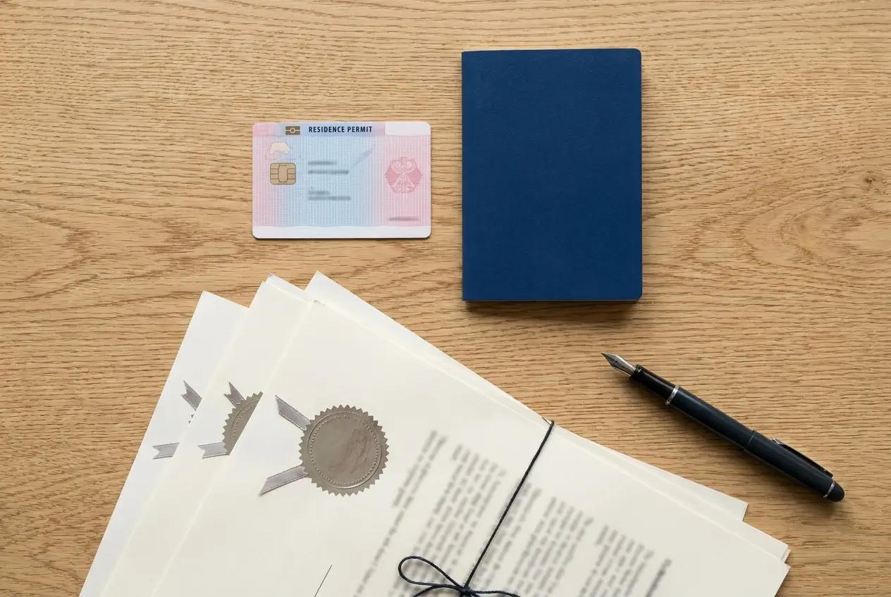 Passport, residence permit card and apostilled documents laid out on a desk — the document set behind a Portugal Golden Visa application