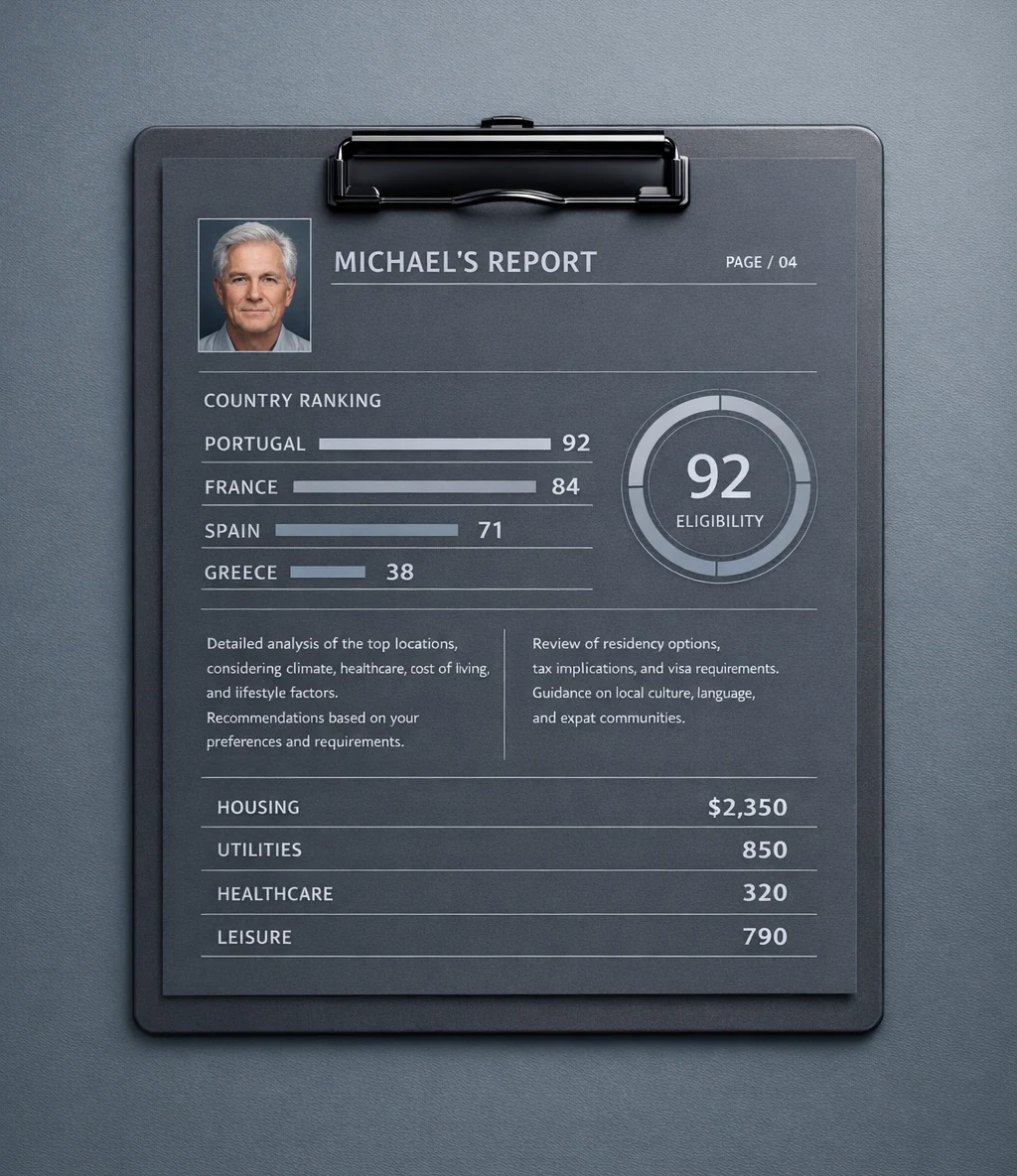 Sample page from a personalized retirement report on a clipboard, showing a country ranking, an eligibility score and a monthly budget breakdown